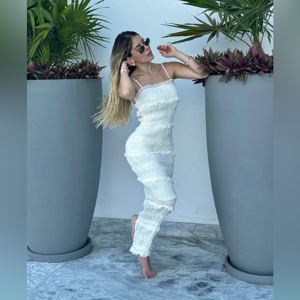 White ruched smocked midi maxi ruffle tiered dress - Picture 4 of 11